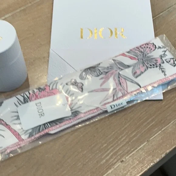 Dior Pink and White butterfly/floral print scarf twilly w/box and gift bag. GWP - Picture 3 of 3